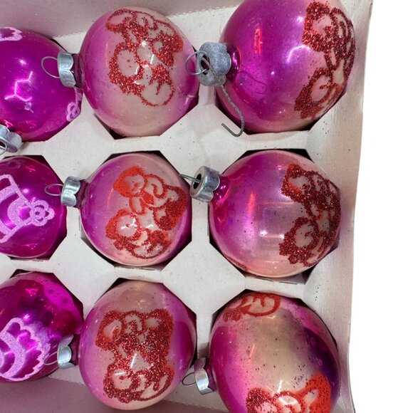 20 Vintage Glass Christmas Tree Ornaments Pink & Green Hand Glitter Shiny Brite - Picture 3 of 7